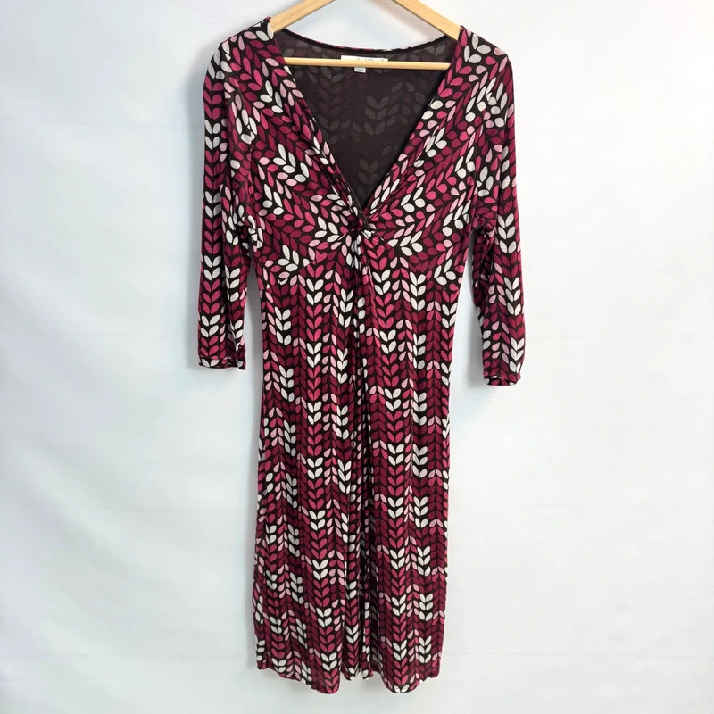 Boden WH198 Empire Knot Midi Dress UK 12R Brown Pink Leaf Print 100% Tencel