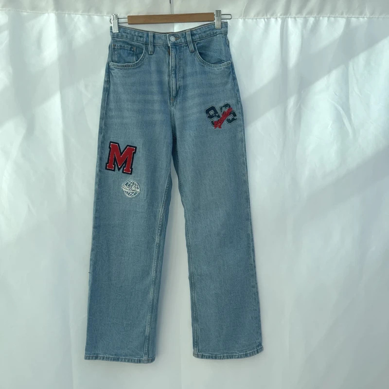 H&M Wide Leg Jeans Age 12–13Y Light Wash Varsity Patches High Waist Adjustable
