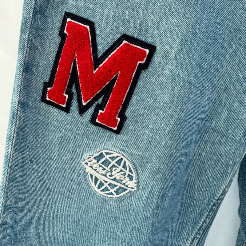 H&M Wide Leg Jeans Age 12–13Y Light Wash Varsity Patches High Waist Adjustable - Image 2