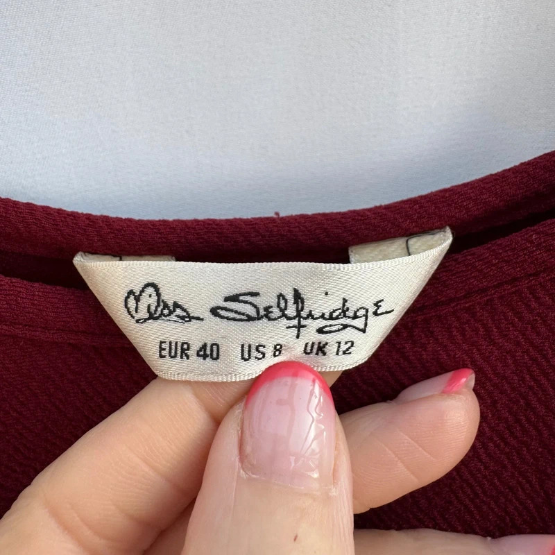 Miss Selfridge Burgundy Textured Top Cutwork Hem Open Back Cuffed Sleeve Uk 12 - Image 4
