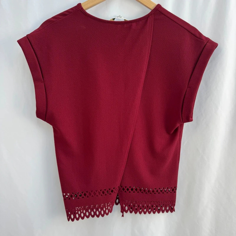 Miss Selfridge Burgundy Textured Top Cutwork Hem Open Back Cuffed Sleeve Uk 12 - Image 5
