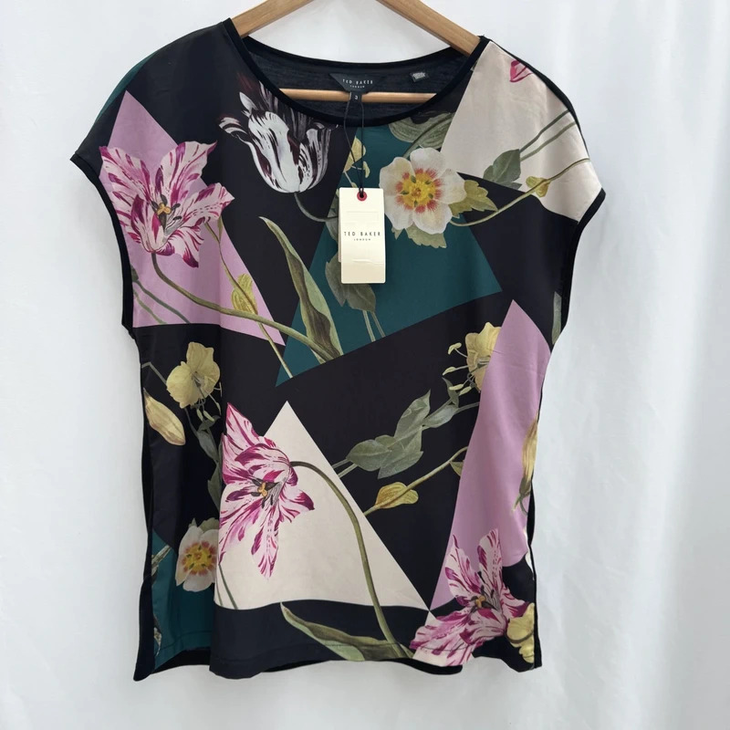 Ted Baker Maalyn Floral Woven Front Top Black Multi Cap Sleeve Ted 3 UK 12