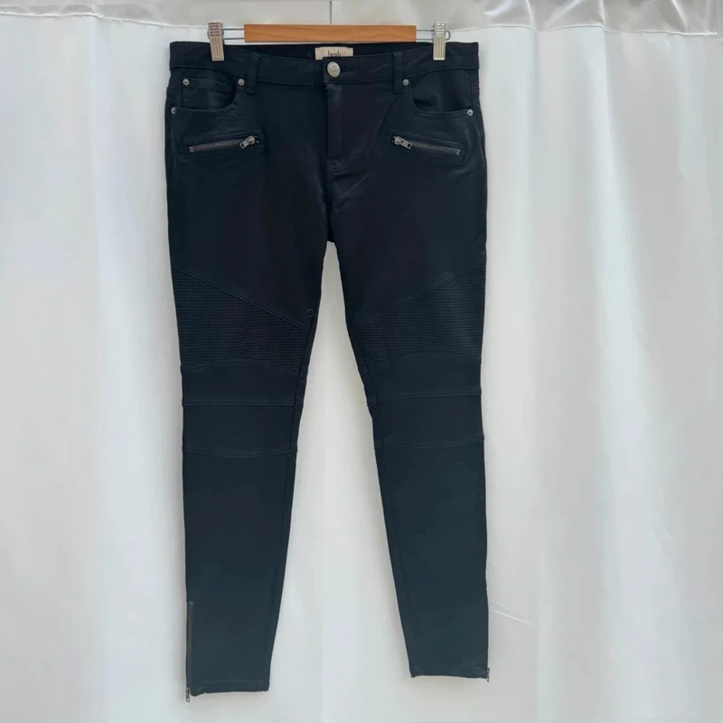 Hush Black Coated Biker Skinny Jeans uK 14 Zip Moto Leather Look