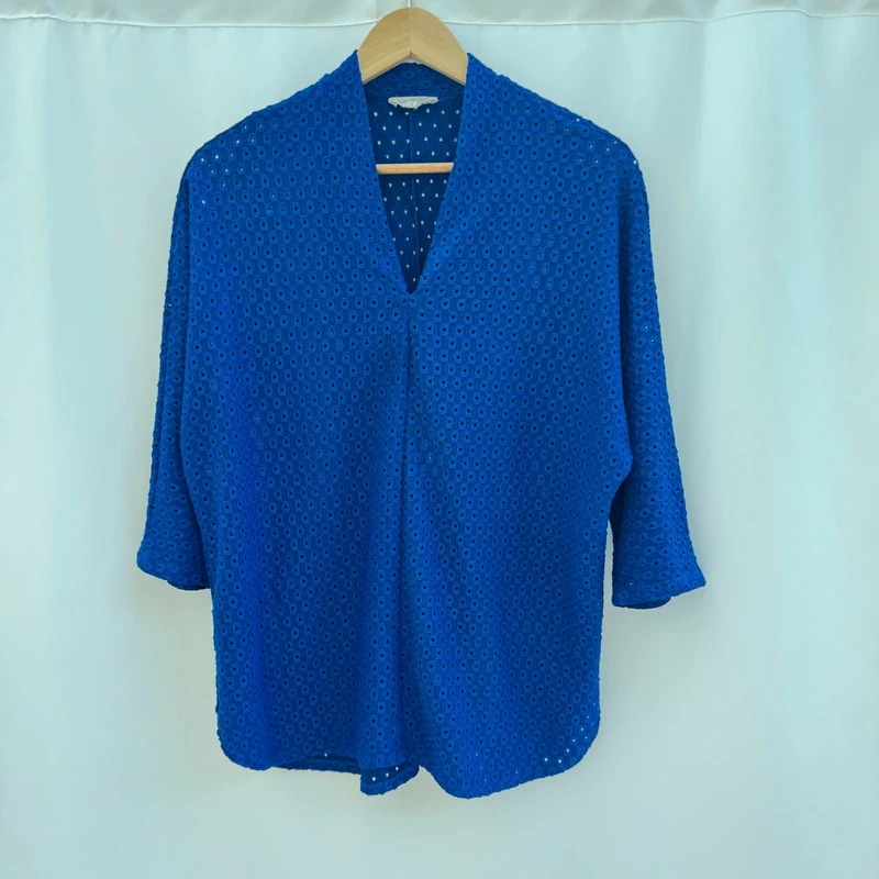Phase Eight Blouse UK 12 Cobalt Blue Textured Broderie Anglaise V-Neck 3/4 Sleeve
