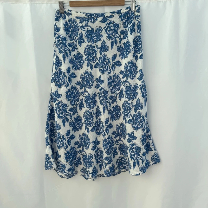 EAST White & Blue Floral Linen Midi Skirt UK 10 A-Line 100% Linen Made in Lithuania