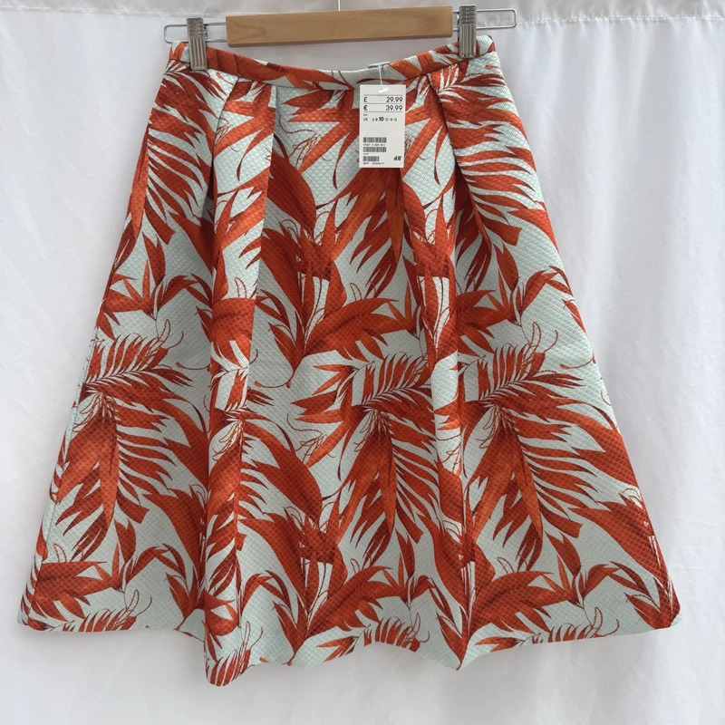H&M Burnt Orange Tropical Leaf Print Skater Skirt UK 10 New With Tags