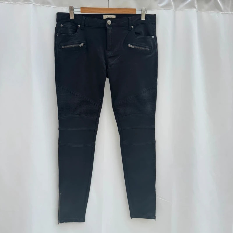 Hush Black Coated Biker Skinny Jeans Zip Detail Stretch UK 14 Waxed Moto