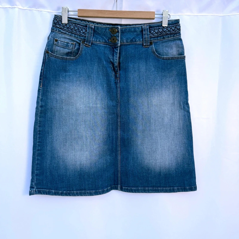 Next Denim A-Line Skirt UK 10 - Braided Waist Detail - Mid Wash Stretch Knee Length