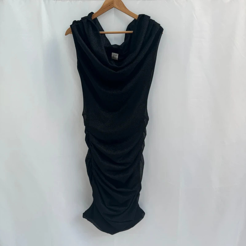 Little Black Dress Sparkle Cowl Neck Midi Dress Sleeveless Ruched Party Glitter Black UK 10
