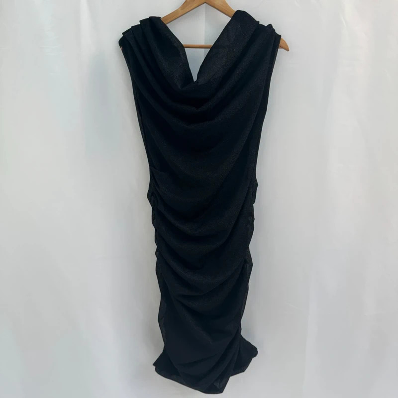 Little Black Dress Sparkle Cowl Neck Midi Dress Sleeveless Ruched Party Glitter Black UK 10 - Image 5
