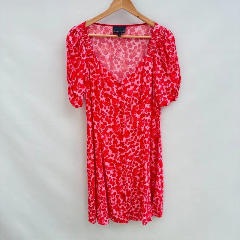 Phase Eight Dress UK 14 Pink Red Floral Button Through Puff Sleeve Midi Tie Waist