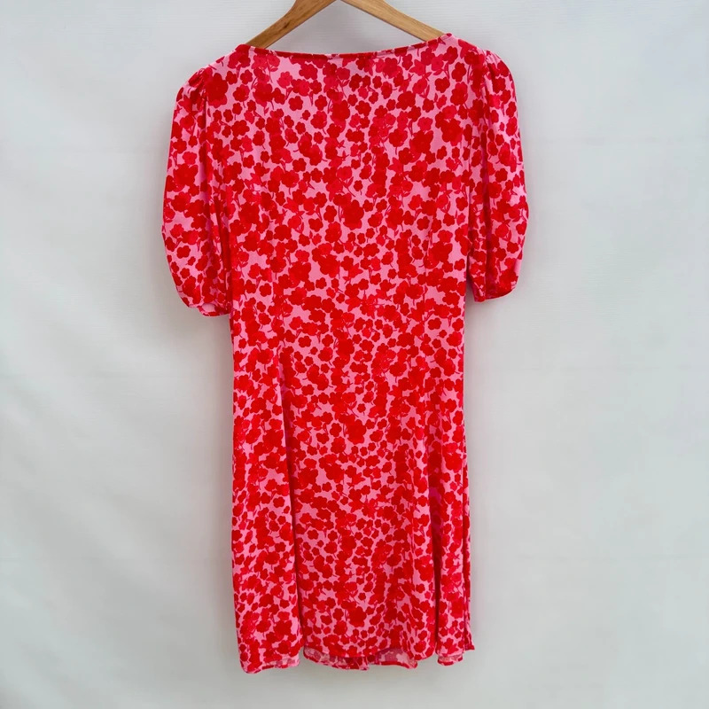 Phase Eight Dress UK 14 Pink Red Floral Button Through Puff Sleeve Midi Tie Waist - Image 2