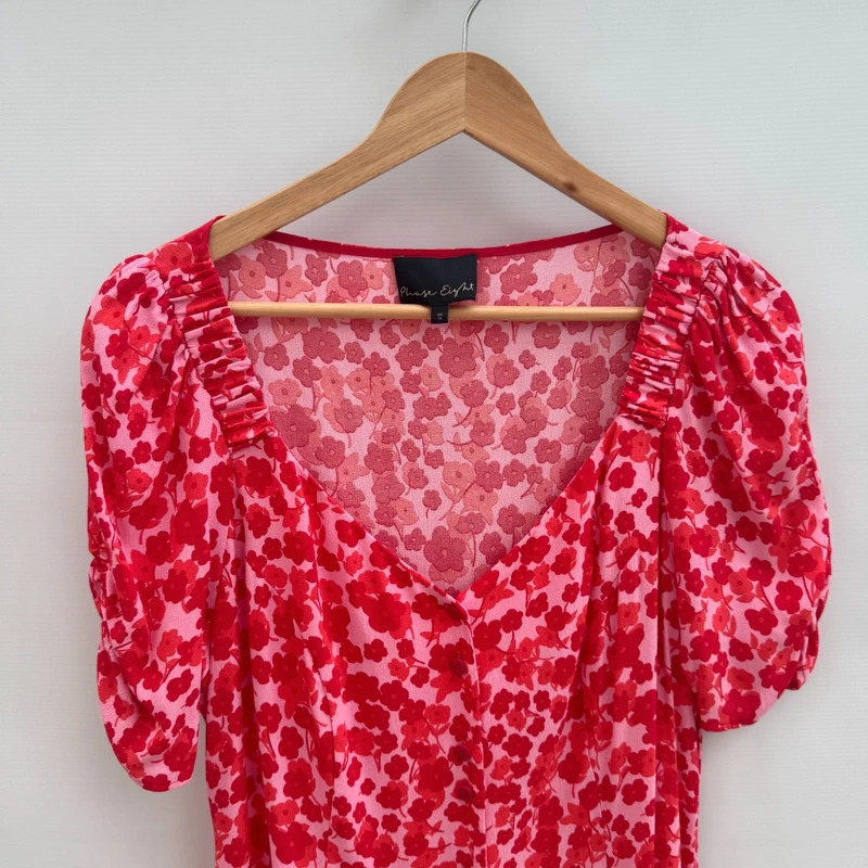 Phase Eight Dress UK 14 Pink Red Floral Button Through Puff Sleeve Midi Tie Waist - Image 4