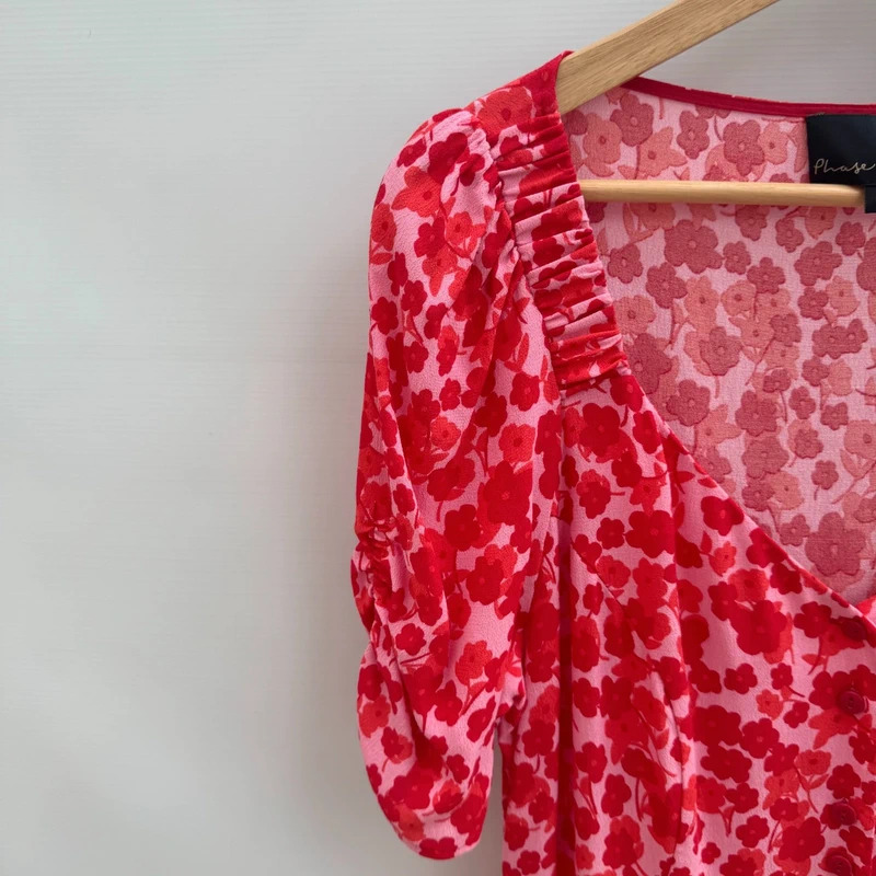 Phase Eight Dress UK 14 Pink Red Floral Button Through Puff Sleeve Midi Tie Waist - Image 7