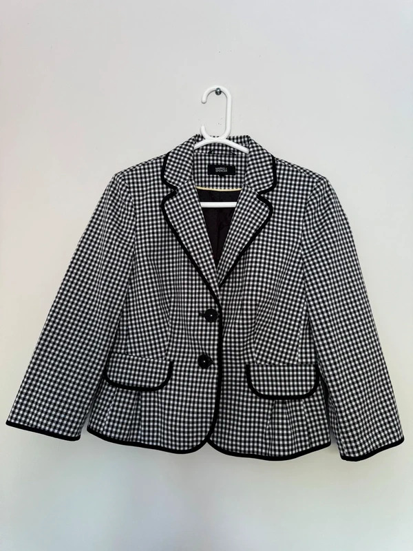 M&S Black White Gingham Check Blazer Jacket UK 12 Retro Pin-Up Style