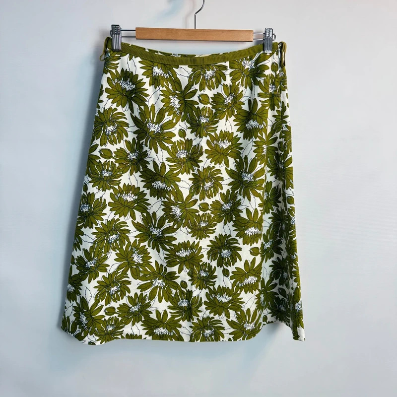 Laura Ashley Olive Green Floral Linen Blend A-Line Skirt | UK 10