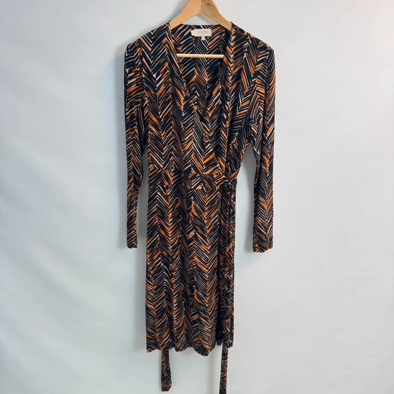 Hobbs Joyce Black Orange Geometric Chevron Jersey Wrap Midi Dress - Size UK 14