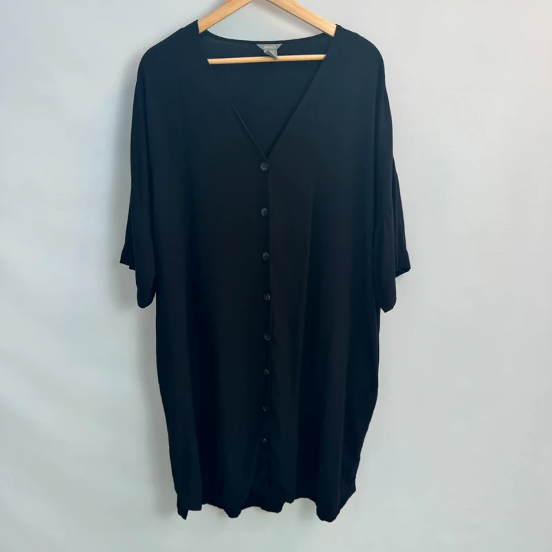 Lindex Black Viscose Button Front Tunic Dress V-Neck Relaxed Fit UK 20–22 Length 43"