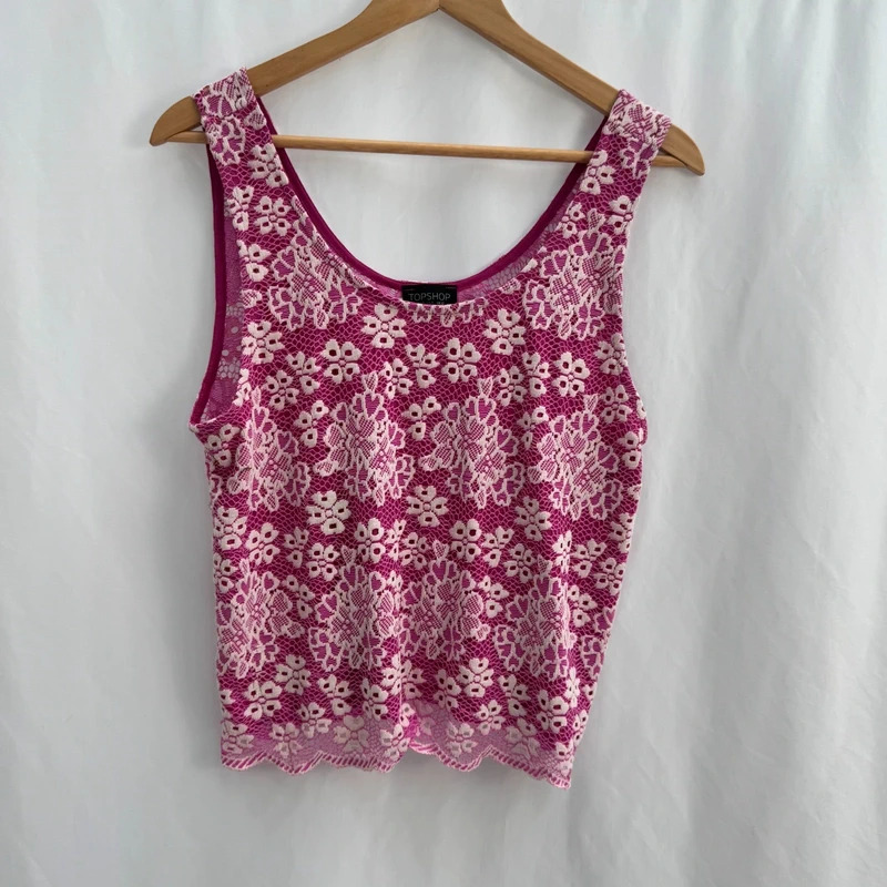 Topshop Pink White Lace Top Sleeveless Scoop Neck Fully Lined Scallop Hem Size 14