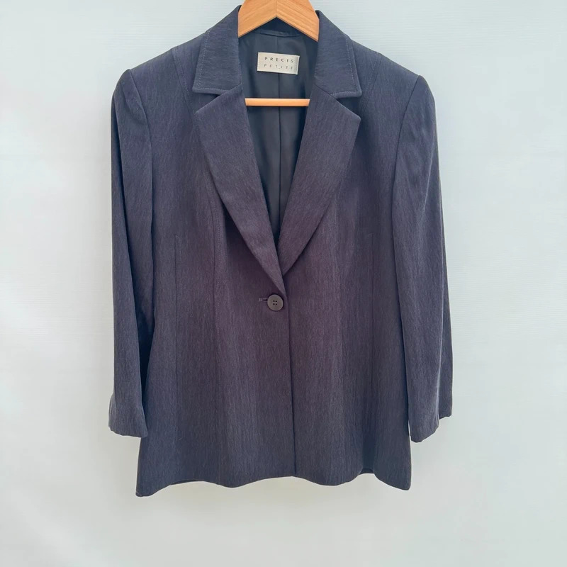 Precis Petite Blazer UK 10 Charcoal Grey Single Button 3/4 Sleeve Tailored Jacket