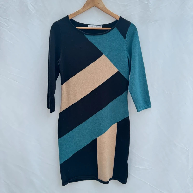 Mitzy Black Teal & Cream Colour Block Knitted Dress | UK 12 | 3/4 Sleeves