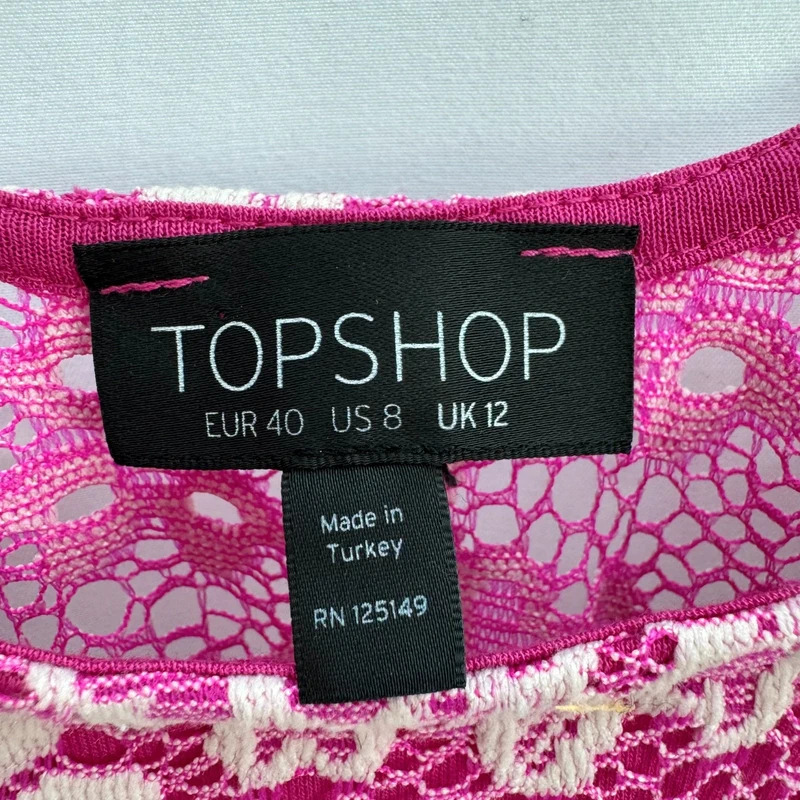 Topshop Pink White Lace Top Sleeveless Scoop Neck Fully Lined Scallop Hem Size 14 - Image 3