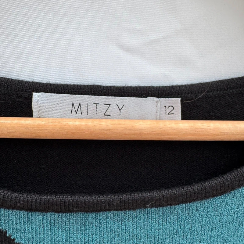 Mitzy Black Teal & Cream Colour Block Knitted Dress | UK 12 | 3/4 Sleeves - Image 2
