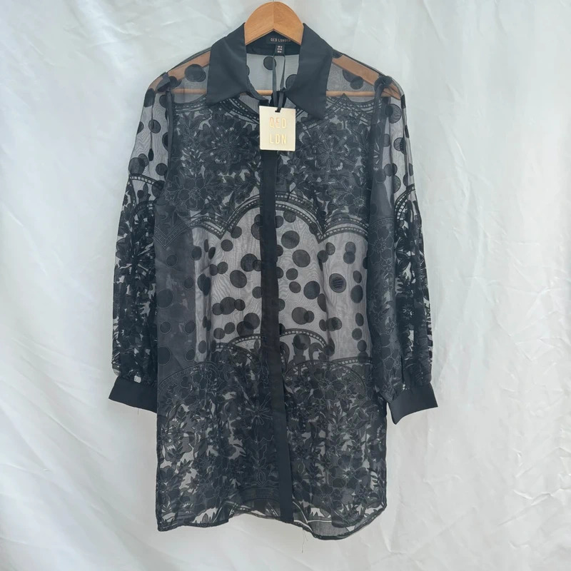 QED London Tunic Shirt UK 12 Black Sheer Embroidered Polka Dot • BNWT