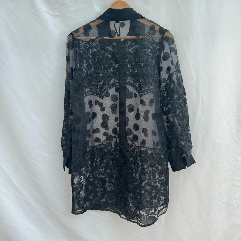 QED London Tunic Shirt UK 12 Black Sheer Embroidered Polka Dot • BNWT - Image 8