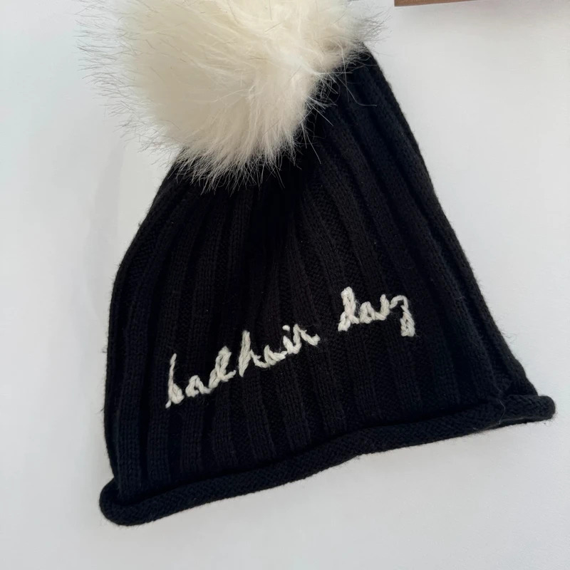 Fashion Heaven Black Ribbed Knit Beanie Hat Cream Faux Fur Pom Pom