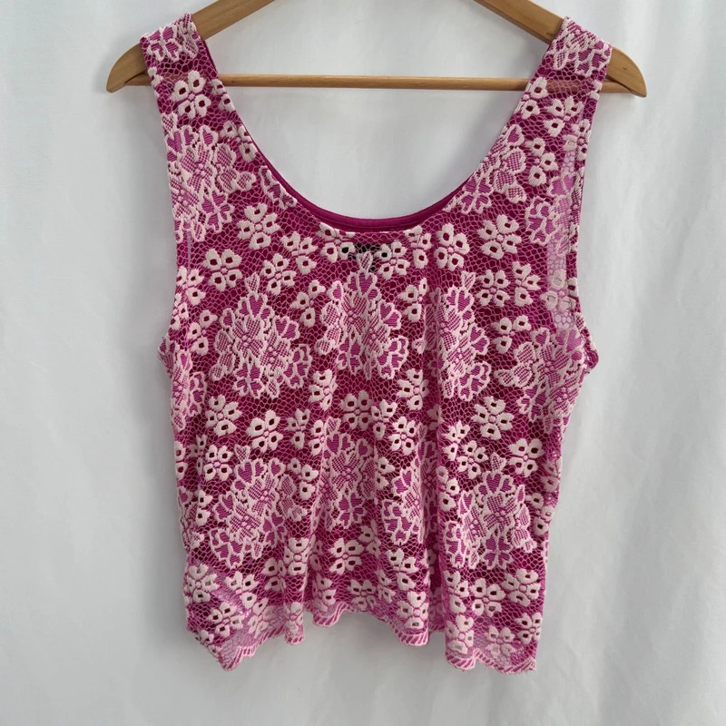 Topshop Pink White Lace Top Sleeveless Scoop Neck Fully Lined Scallop Hem Size 14 - Image 7