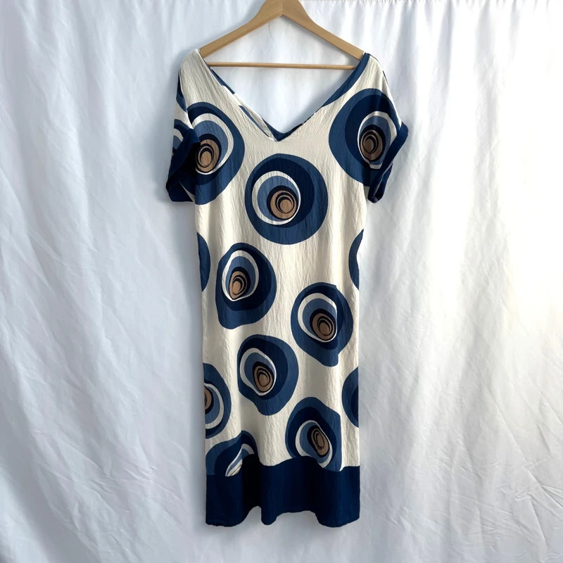 Italian Made Abstract Circle Midi Dress UK 14-16 Cream Blue Relaxed Fit V Neck