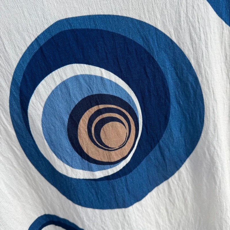 Italian Made Abstract Circle Midi Dress UK 14-16 Cream Blue Relaxed Fit V Neck - Image 2