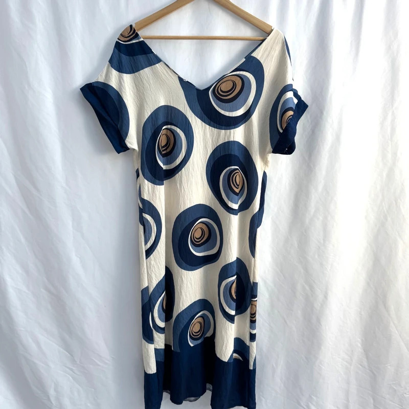Italian Made Abstract Circle Midi Dress UK 14-16 Cream Blue Relaxed Fit V Neck - Image 3