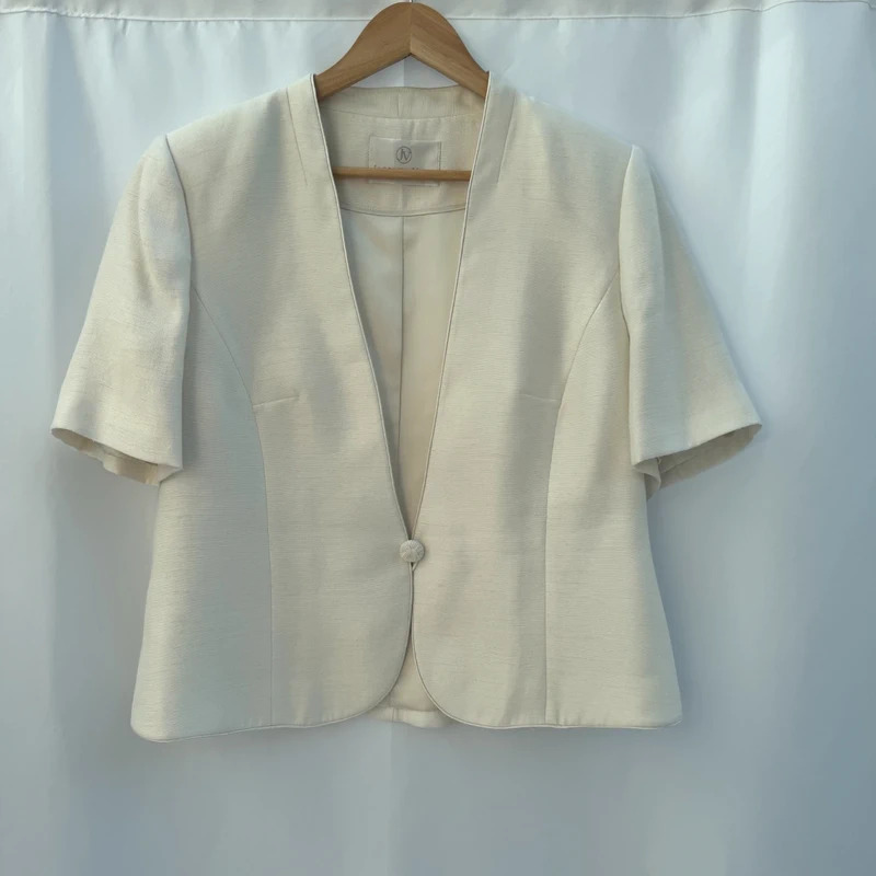 Jacques Vert Ivory Cropped Jacket Short Sleeve Knot Button Occasion UK 16