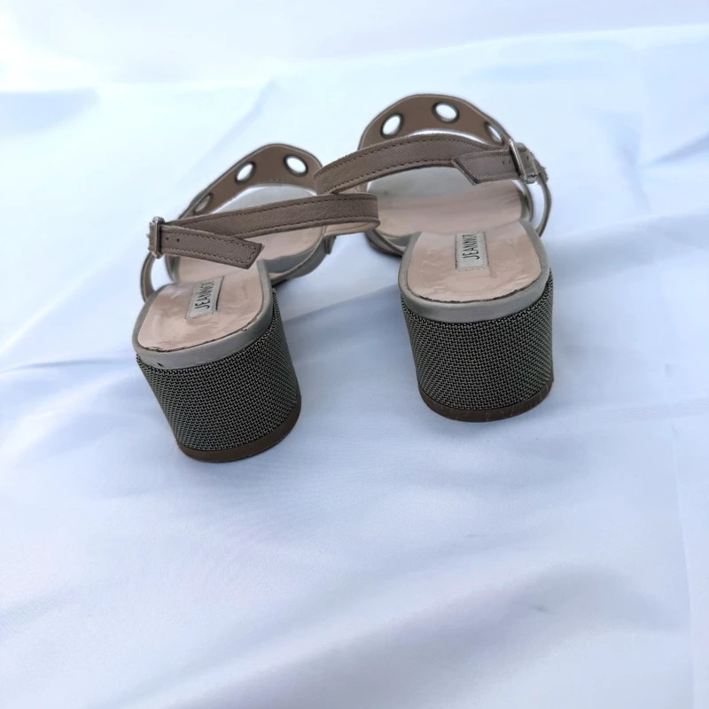 Jeannot Italy Tiger Pluma Suede Block Heel Sandals EU39 Taupe Crystal Eyelet Pre-loved - Image 5