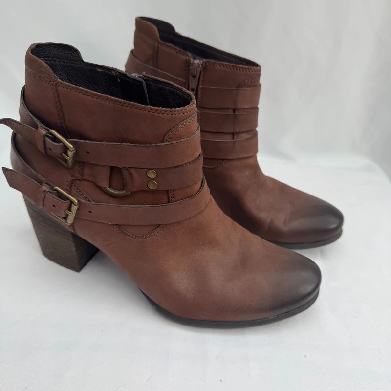 Josef Seibel Brown Leather Ankle Boots EU 40 UK 6.5 Buckle Strap Block Heel Comfort