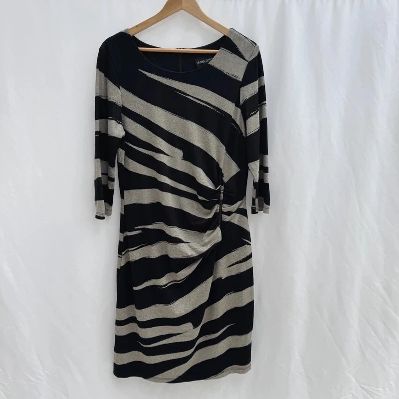 Frank Lyman Dress Labelled UK18 Fits UK16 Black Grey Stripe Ruched Zip Midi