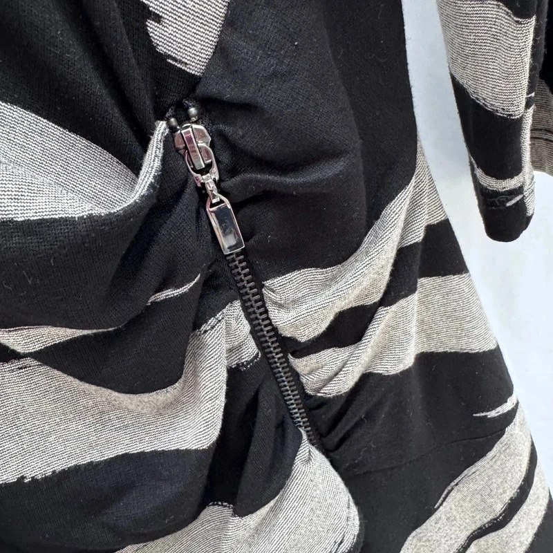 Frank Lyman Dress Labelled UK18 Fits UK16 Black Grey Stripe Ruched Zip Midi - Image 3