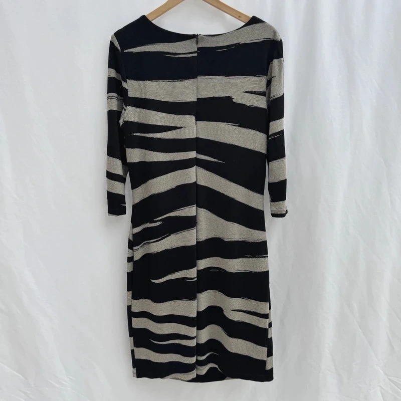 Frank Lyman Dress Labelled UK18 Fits UK16 Black Grey Stripe Ruched Zip Midi - Image 6