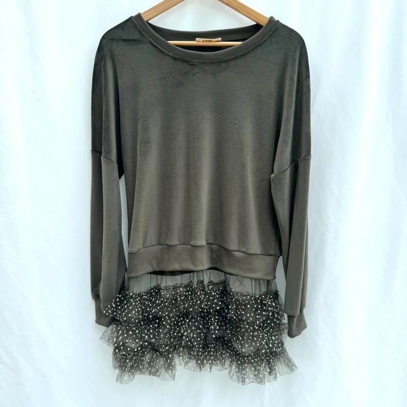 Emma & Ashley Design Velour Tunic Olive Green Tulle Polka Dot Hem UK 14 / Size L