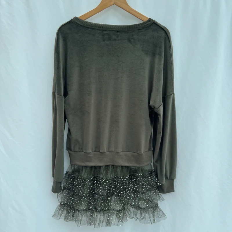Emma & Ashley Design Velour Tunic Olive Green Tulle Polka Dot Hem UK 14 / Size L - Image 8