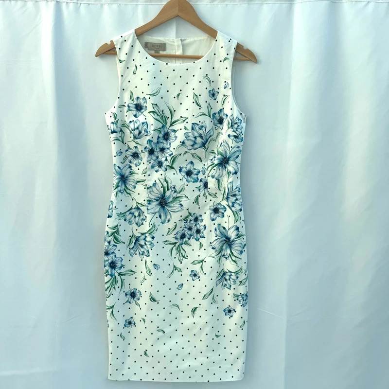 Hobbs Fiona Floral Shift Dress UK10 Blue White Polka Dot Occasion Cotton