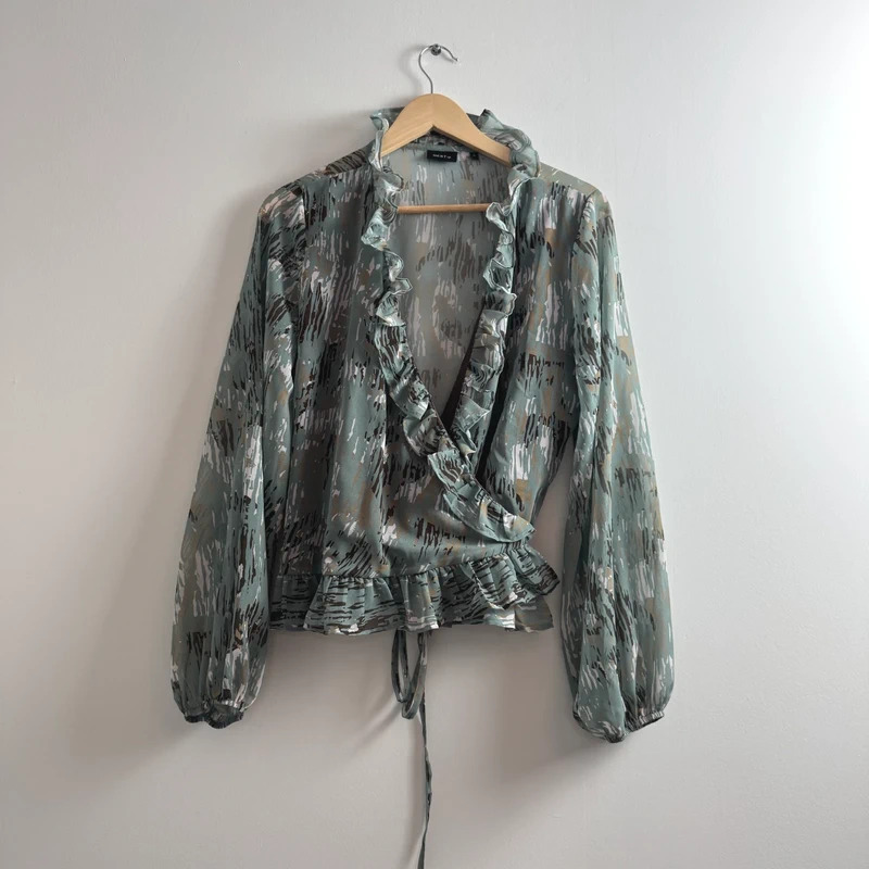 Next Sage Green Ruffle Wrap Blouse UK14 Long Sleeve Peplum Occasion Top