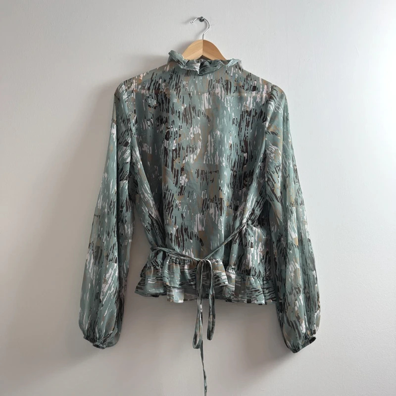 Next Sage Green Ruffle Wrap Blouse UK14 Long Sleeve Peplum Occasion Top - Image 5