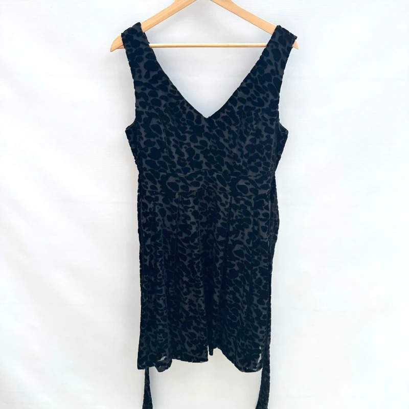 Monsoon Fusion UK 14 Black Devore Leopard Print Sleeveless Fit Flare Belted Dress