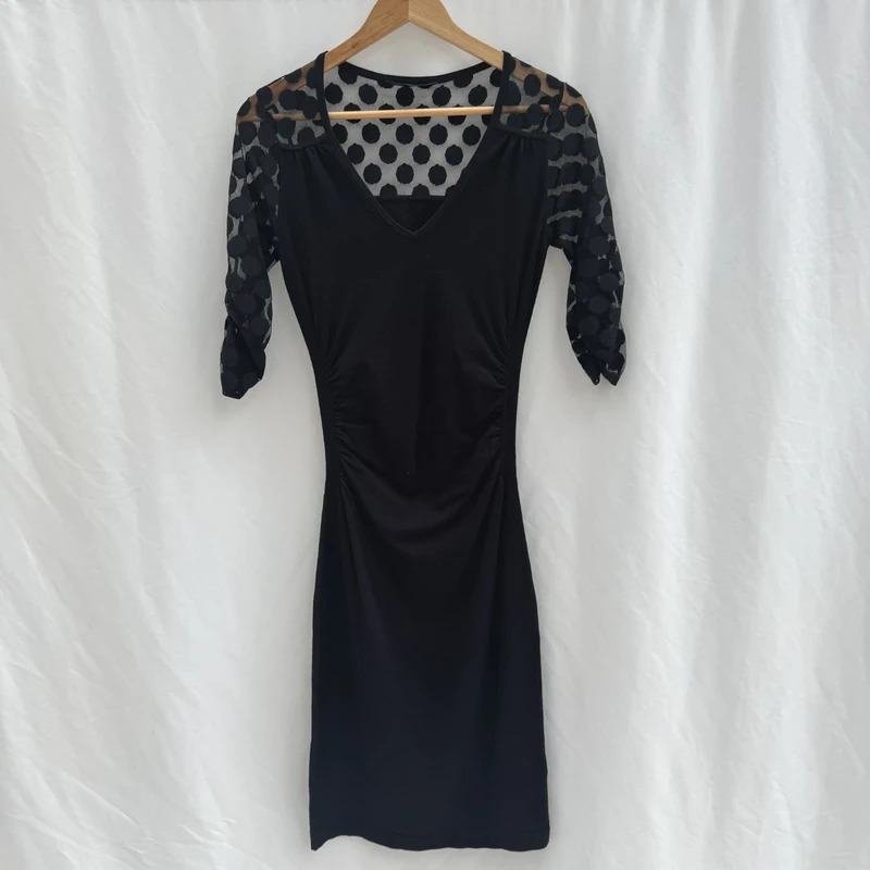 Coast Black Bodycon Dress UK 8 Polka Dot Mesh Sleeves Ruched Side Party Evening