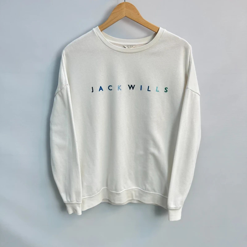 Jack Wills White Drop Shoulder Sweatshirt Embroidered Spellout Logo UK 10 US 6