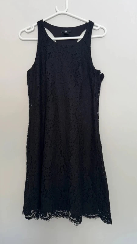 H&M black Floral Lace Racerback Shift Dress Scalloped Hem UK 12