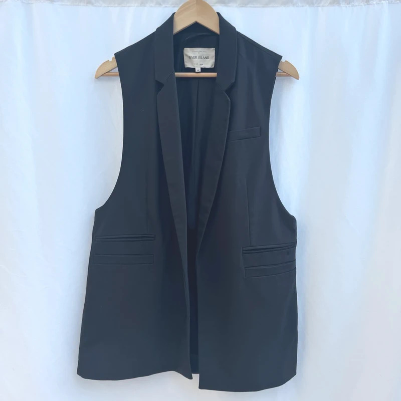 River Island Black Longline Tuxedo Waistcoat UK 14 Tailored
